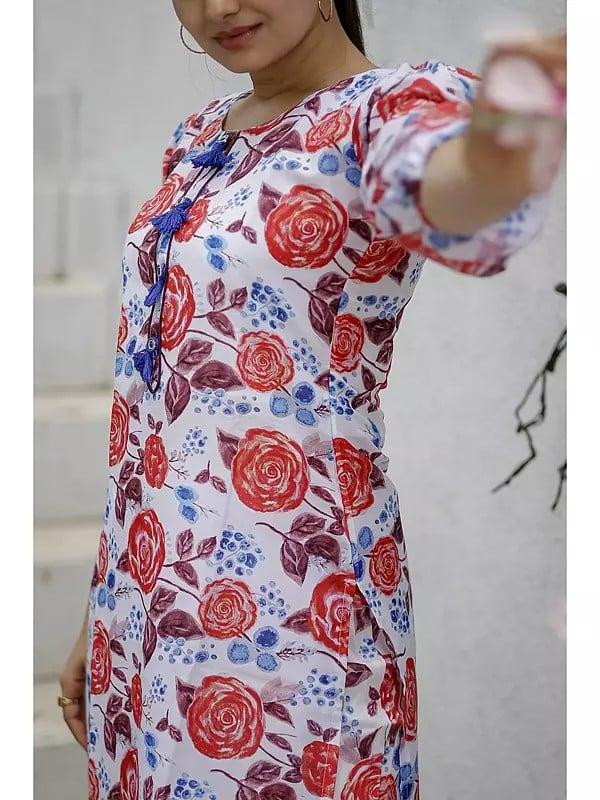 Exotic India Floral Pattern Co-Ord Set Printed Kurta With Tassels Button 