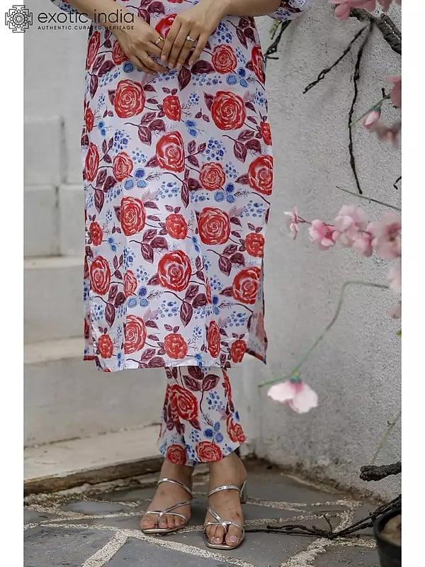 Exotic India Floral Pattern Co-Ord Set Printed Kurta With Tassels Button 