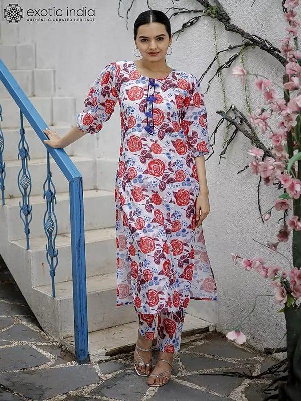 exotic india Floral Pattern Co-Ord Set Printed Kurta with Tassels Button