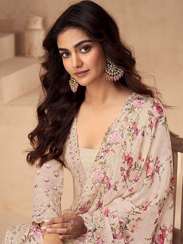 Exotic India Floral Print And Thread Embroidery Work Chinon Festive Wear Salwar Suit With Dupatta 