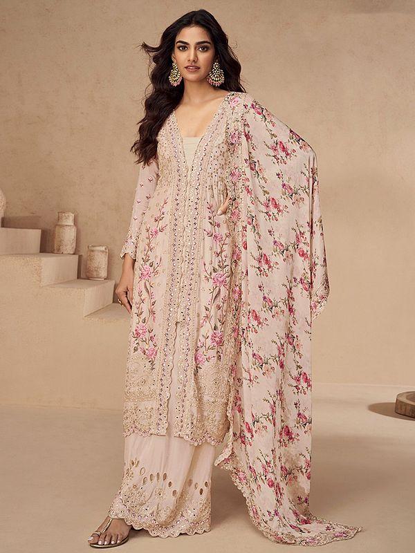 exotic india Floral Print And Thread Embroidery Work Chinon Festive Wear Salwar Suit With Dupatta 
