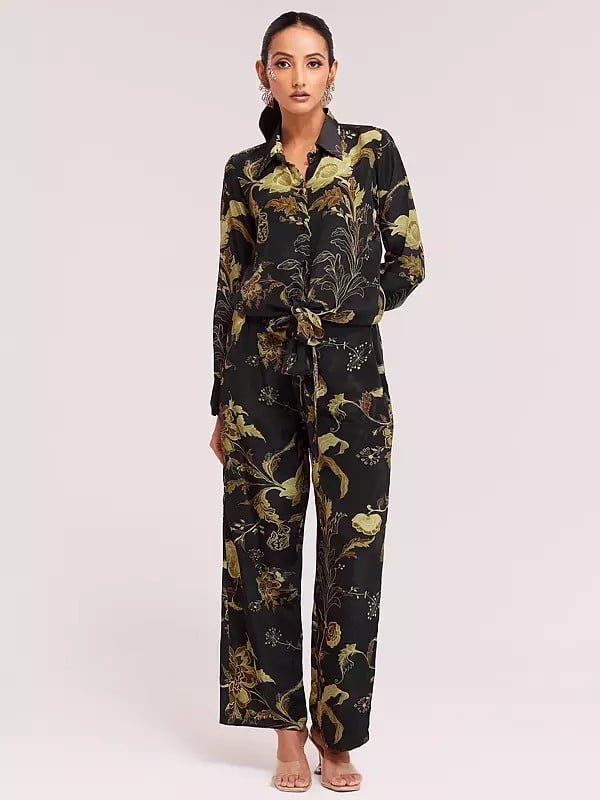 Exotic India Floral Print Designer Crepe Indo-Western Top With Pant Co-Ords Set For Party Occasion 