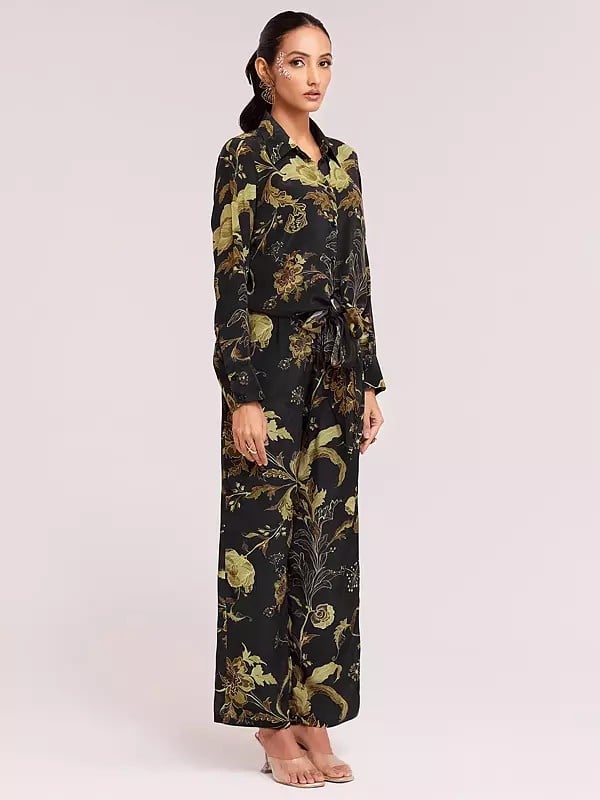 Exotic India Floral Print Designer Crepe Indo-Western Top With Pant Co-Ords Set For Party Occasion 
