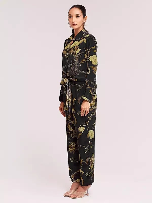 Exotic India Floral Print Designer Crepe Indo-Western Top With Pant Co-Ords Set For Party Occasion 