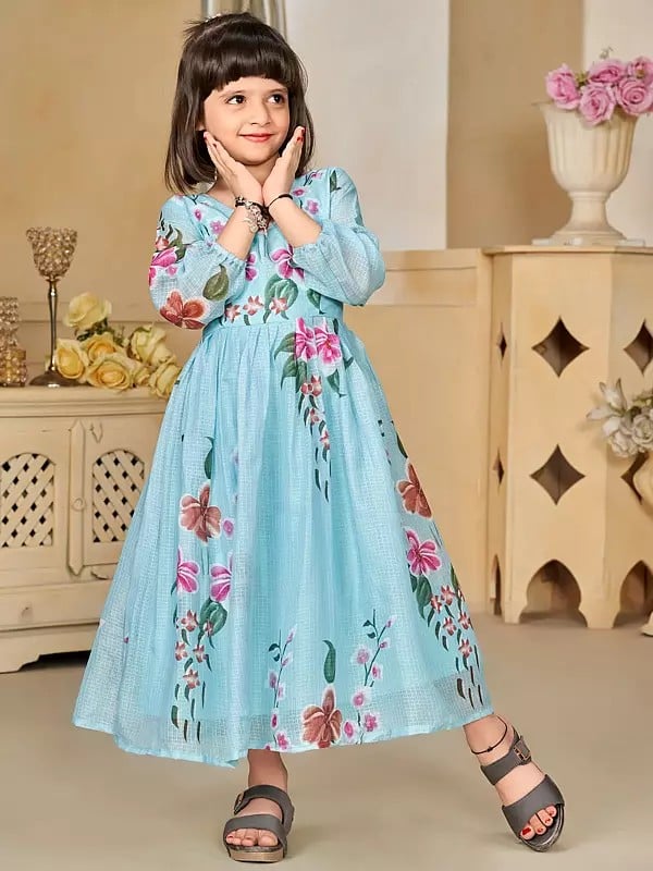 Exotic India Floral Print Sky-Blue Party Wear Digital Printed Kids Frock 