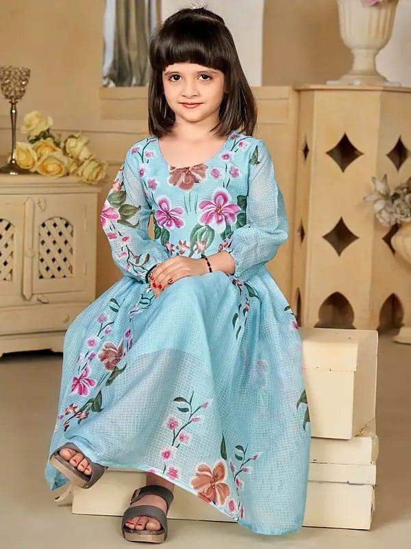 Exotic India Floral Print Sky-Blue Party Wear Digital Printed Kids Frock 