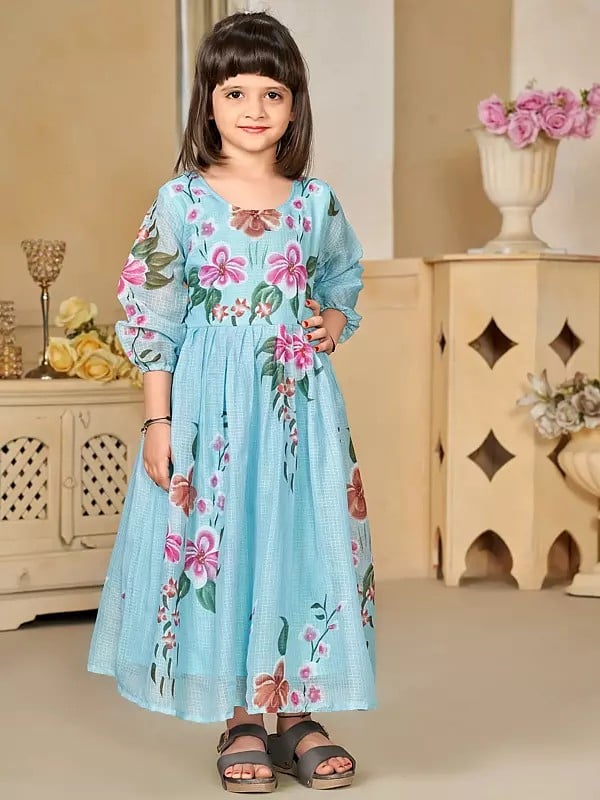 Exotic India Floral Print Sky-Blue Party Wear Digital Printed Kids Frock 