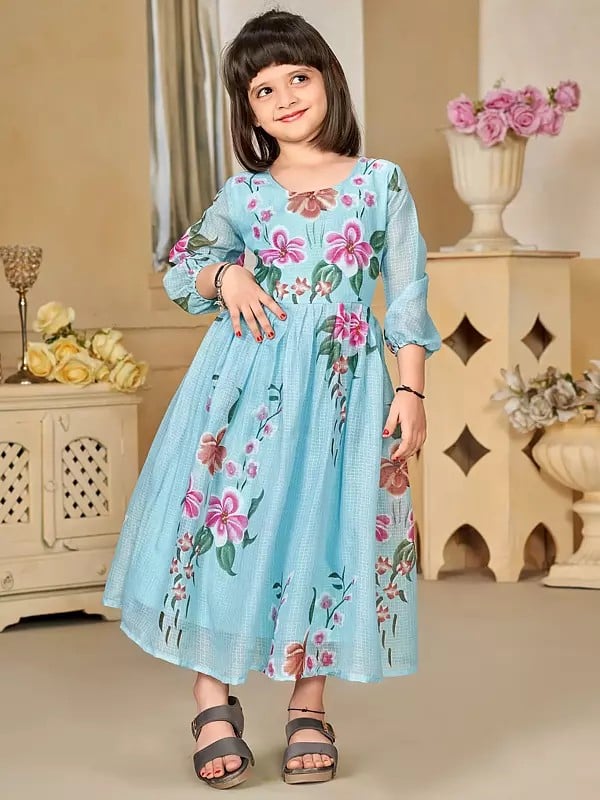 exotic india Floral Print Sky-Blue Party Wear Digital Printed Kids Frock 