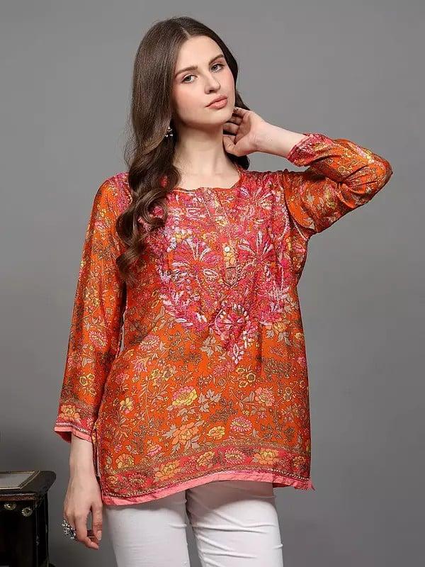 Exotic India Floral Printed Crepe Straight Kurti With Chikankari Embroidery 