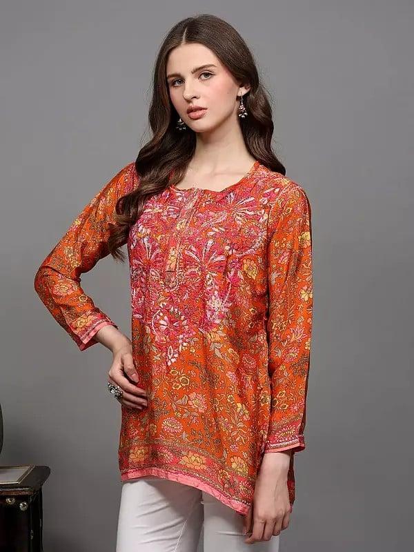 Exotic India Floral Printed Crepe Straight Kurti With Chikankari Embroidery 