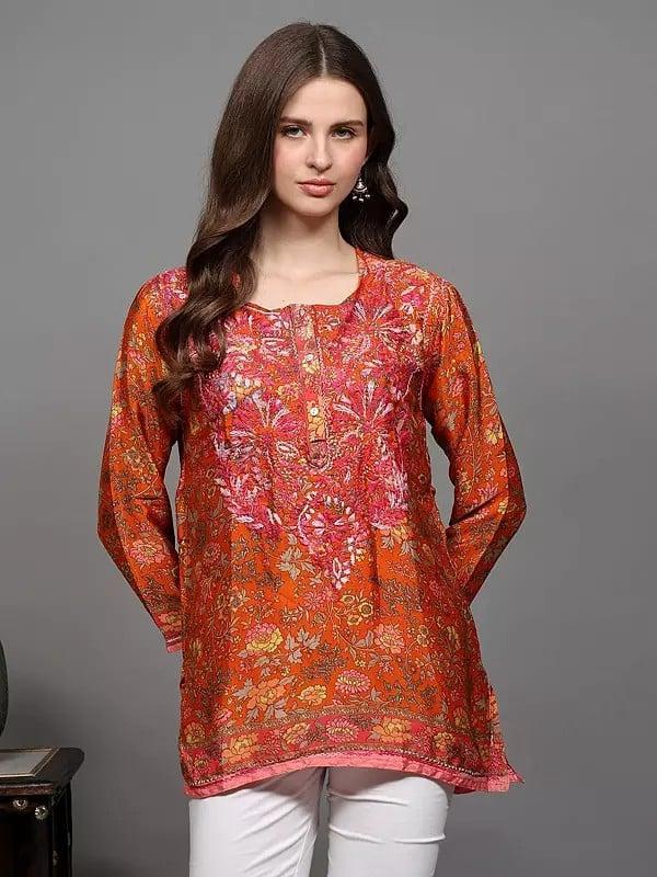 Exotic India Floral Printed Crepe Straight Kurti With Chikankari Embroidery 
