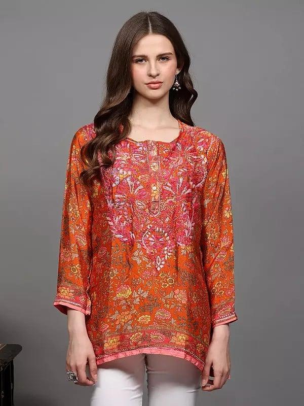 exotic india Floral Printed Crepe Straight Kurti with Chikankari Embroidery 