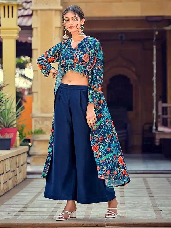 Exotic India Floral Printed Crop-Top Stylish Party Wear Silk Indo-Western Suit With Shrug