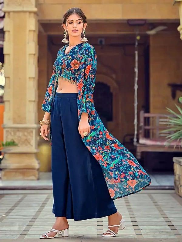 Exotic India Floral Printed Crop-Top Stylish Party Wear Silk Indo-Western Suit With Shrug