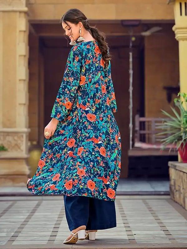Exotic India Floral Printed Crop-Top Stylish Party Wear Silk Indo-Western Suit With Shrug