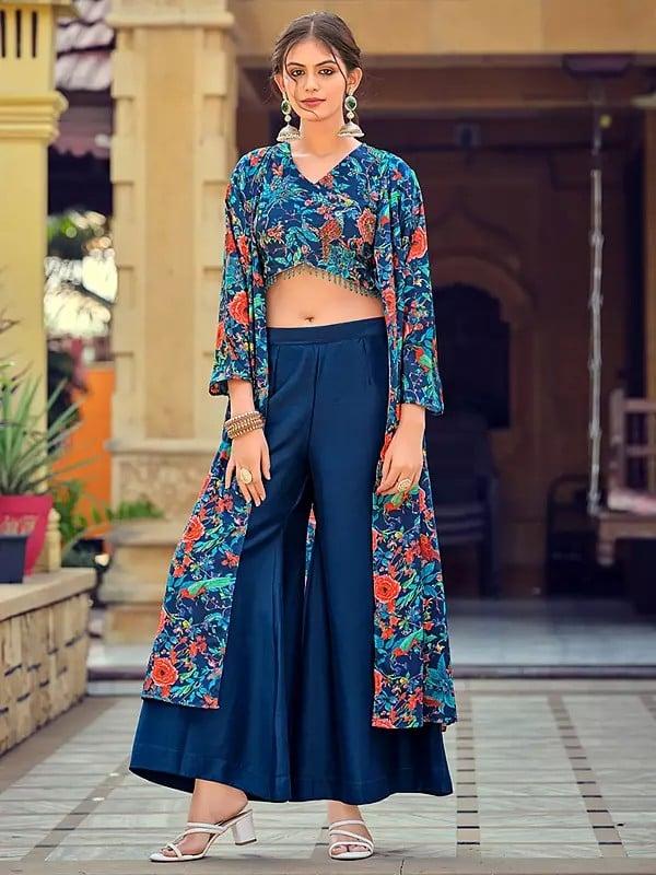 exotic india Floral Printed Crop-Top Stylish Party Wear Silk Indo-Western Suit With Shrug 