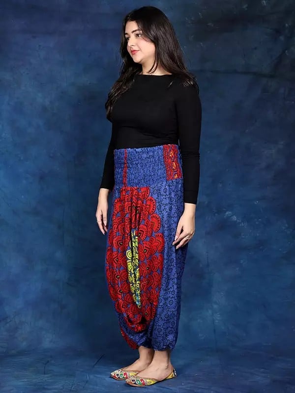 Exotic India Floral Printed Harem Trousers With Elastic Waist 