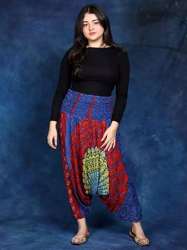 exotic india Floral Printed Harem Trousers with Elastic Waist 