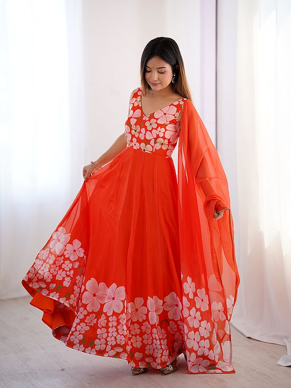 Exotic India Floral Printed Sleeveless Elegant Organza Party Wear Gown With Matching Dupatta