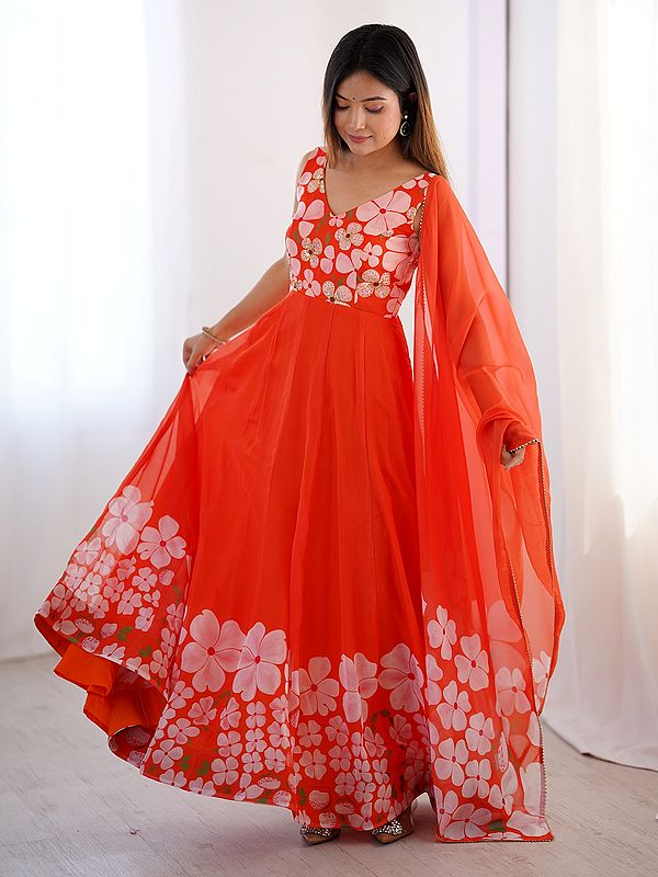 Exotic India Floral Printed Sleeveless Elegant Organza Party Wear Gown With Matching Dupatta