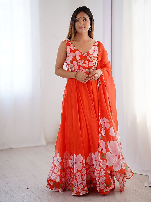 exotic india Floral Printed Sleeveless Elegant Organza Party Wear Gown With Matching Dupatta 
