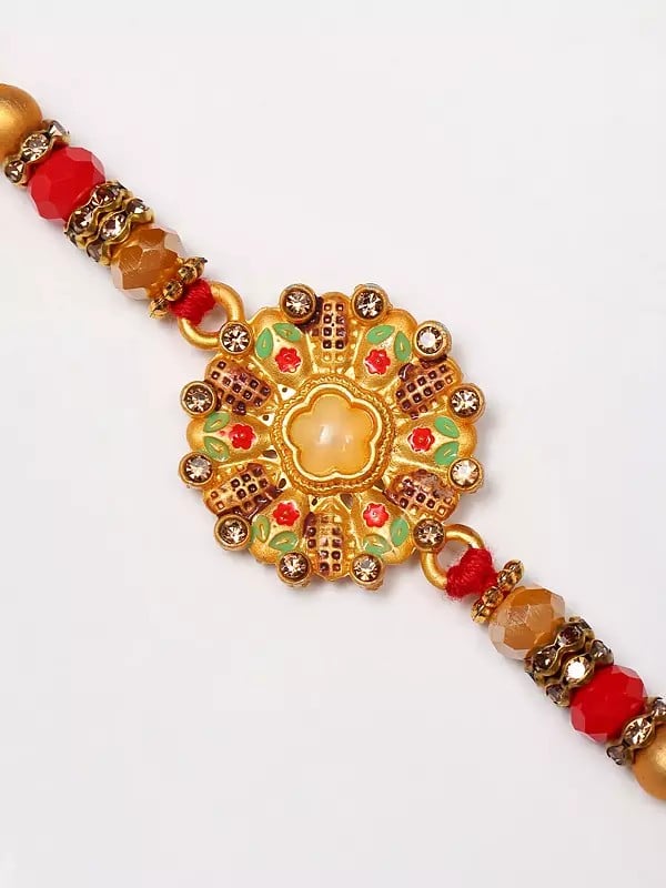 Exotic India Floral Round Enamel Work Traditional Rakhi With Beads 