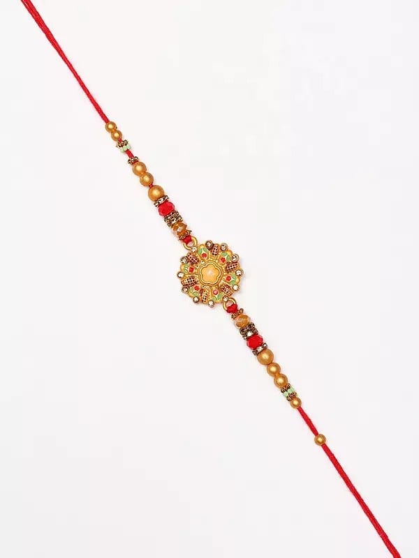 Exotic India Floral Round Enamel Work Traditional Rakhi With Beads 
