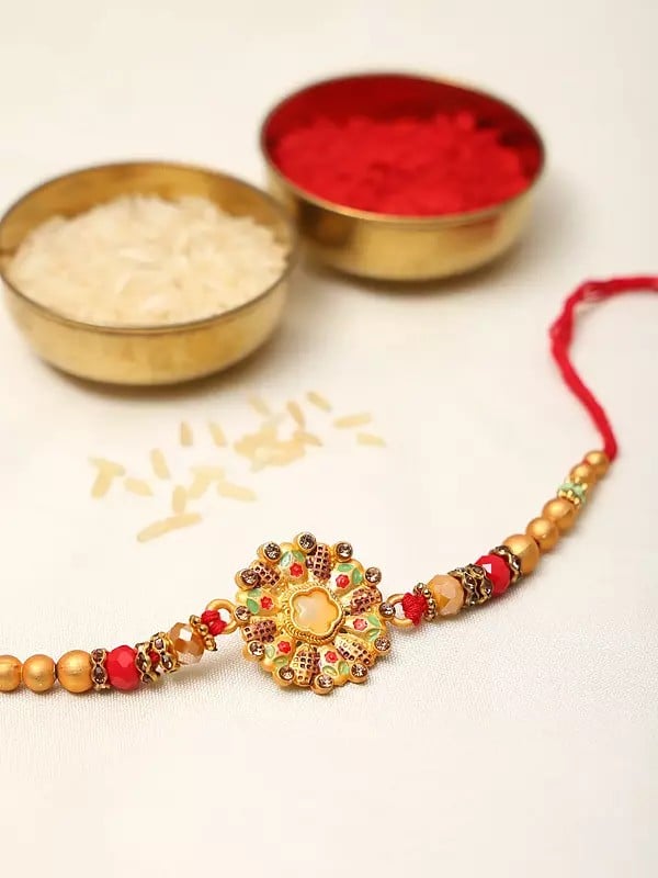 Exotic India Floral Round Enamel Work Traditional Rakhi With Beads 