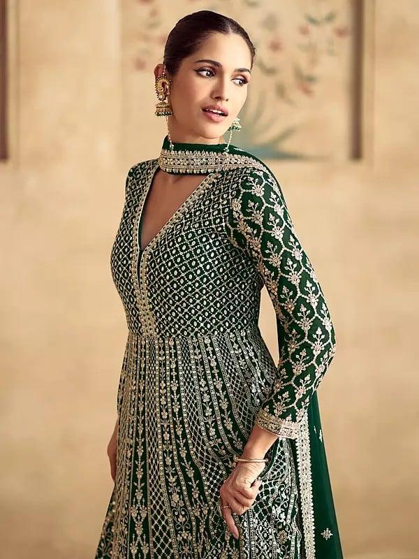 Exotic India Floral Sequins And Embroidery Work Fancy Wedding Wear Gown With Matching Dupatta