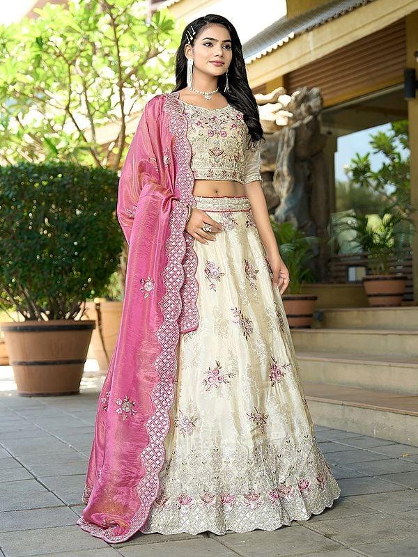 Exotic India Floral Sequins And Embroidery Work Pure Cosmos Jacquard Elegant Lehenga Choli With Dupatta 
