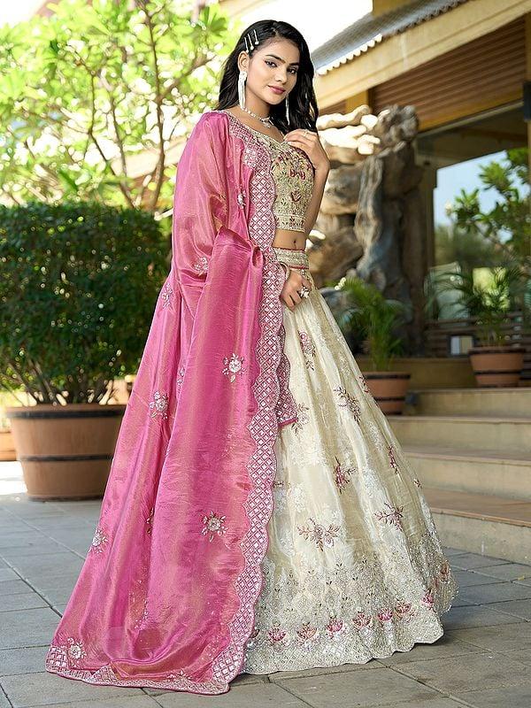 Exotic India Floral Sequins And Embroidery Work Pure Cosmos Jacquard Elegant Lehenga Choli With Dupatta 