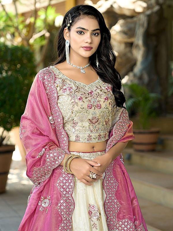 Exotic India Floral Sequins And Embroidery Work Pure Cosmos Jacquard Elegant Lehenga Choli With Dupatta 