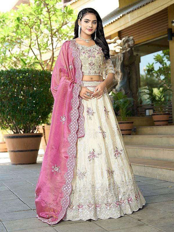exotic india Floral Sequins And Embroidery Work Pure Cosmos Jacquard Elegant Lehenga Choli With Dupatta