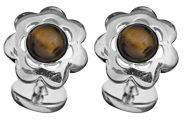 exotic india Floral Sterling Silver Cufflinks with Tiger Eye Gemstone 