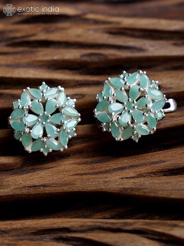 exotic india Floral Sterling Silver Earrings with Faceted Emerald 