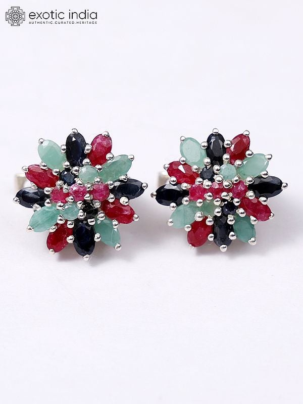 Exotic India Floral Sterling Silver Earrings With Faceted Sapphire Ruby And Emerald