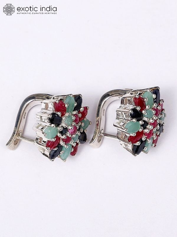 Exotic India Floral Sterling Silver Earrings With Faceted Sapphire Ruby And Emerald