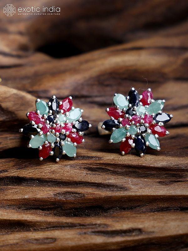 exotic india Floral Sterling Silver Earrings with Faceted Sapphire Ruby and Emerald 