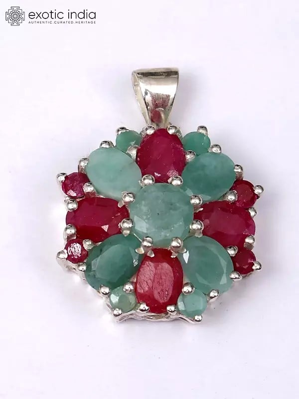 Exotic India Floral Sterling Silver Pendant With Faceted Ruby And Emerald