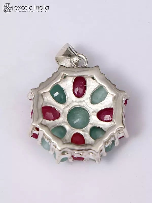 Exotic India Floral Sterling Silver Pendant With Faceted Ruby And Emerald