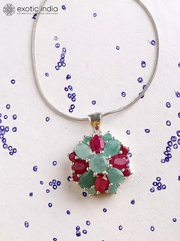 exotic india Floral Sterling Silver Pendant with Faceted Ruby and Emerald 