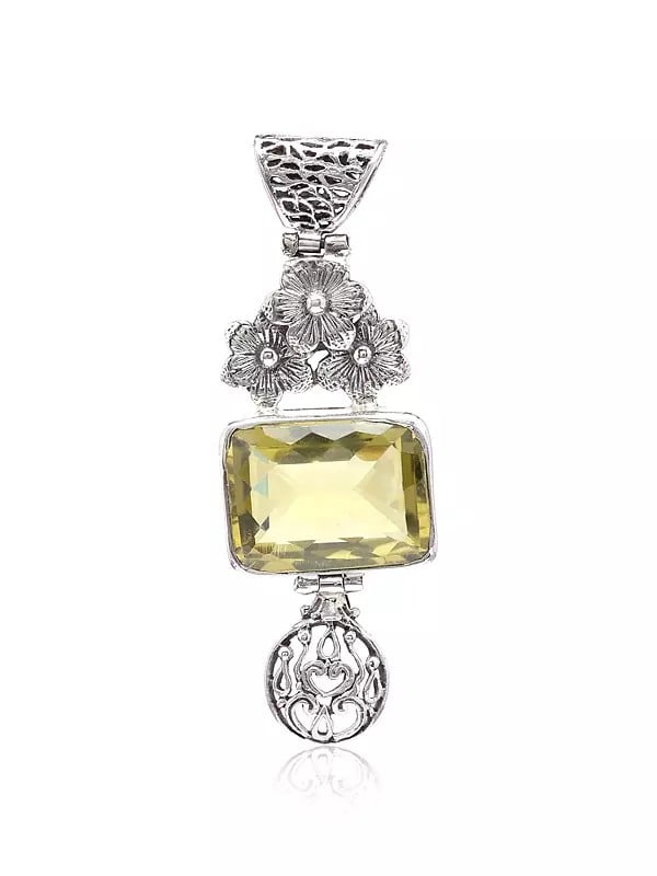 Exotic India Floral Sterling Silver Pendant With Rectangle Shaped Lemon Quartz 