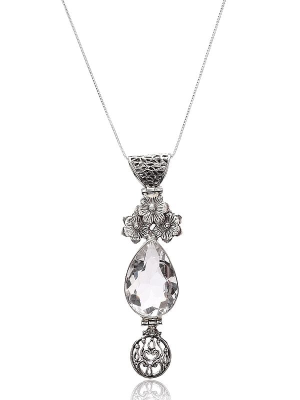 exotic india Floral Sterling Silver Pendant with Teardrop Shaped Crystal 