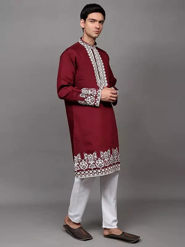 Exotic India Floral Thread Embroidered Kurta With Elastic Waist White Pajama 