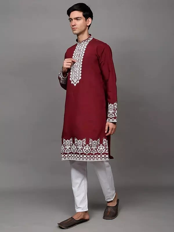 Exotic India Floral Thread Embroidered Kurta With Elastic Waist White Pajama 