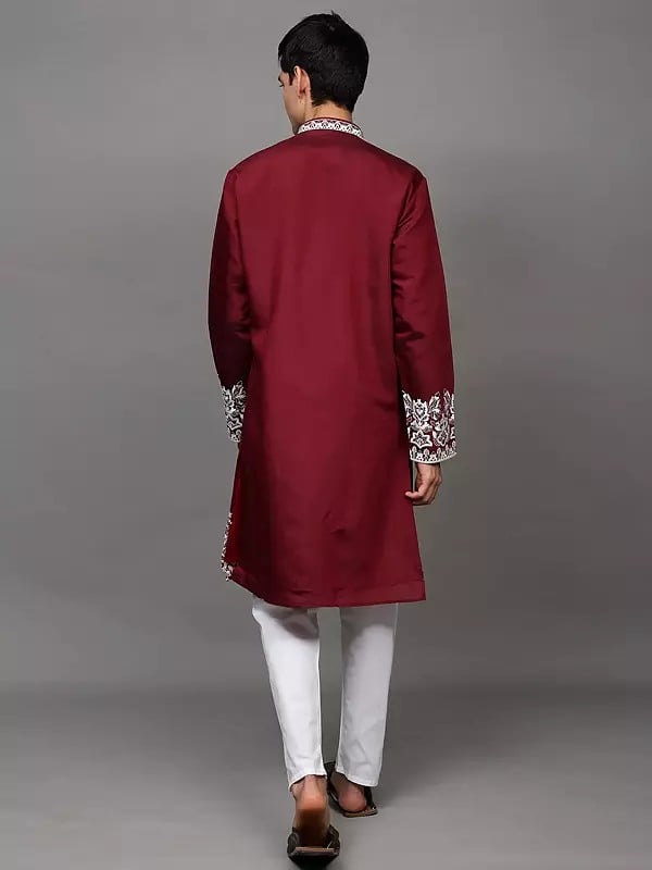 Exotic India Floral Thread Embroidered Kurta With Elastic Waist White Pajama 