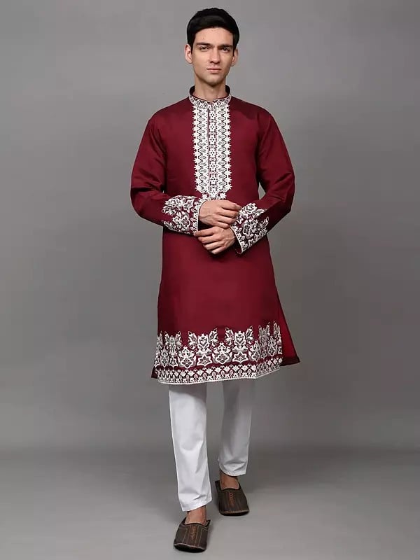 exotic india Floral Thread Embroidered Kurta with Elastic Waist White Pajama 