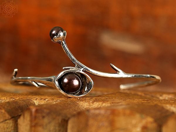 Exotic India Flower Branch Black Pearl Open Bracelet | Sterling Silver Jewelry