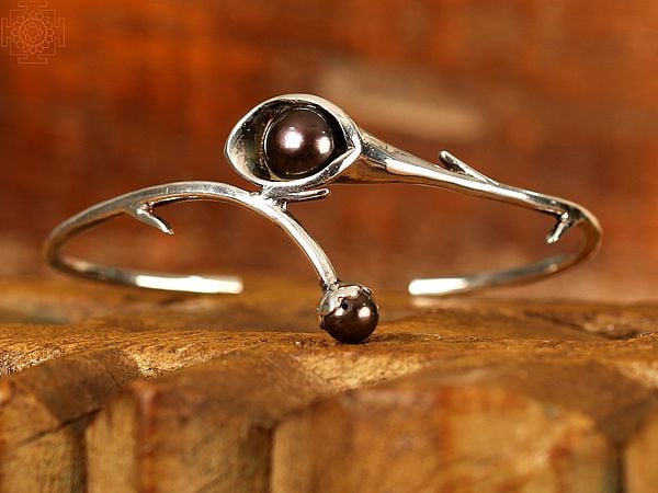 Exotic India Flower Branch Black Pearl Open Bracelet | Sterling Silver Jewelry