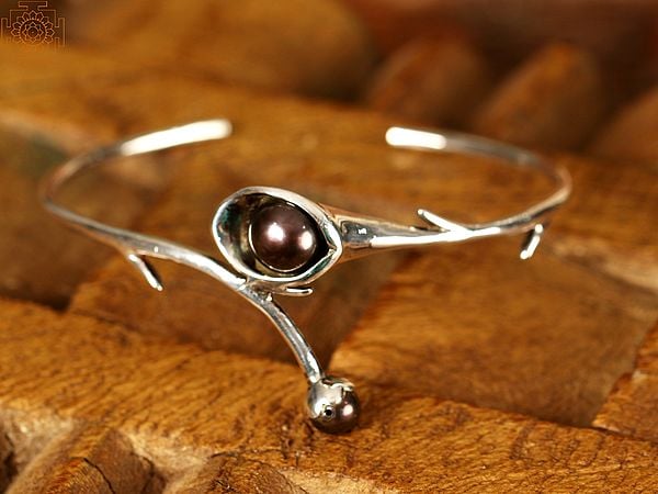 Exotic India Flower Branch Black Pearl Open Bracelet | Sterling Silver Jewelry